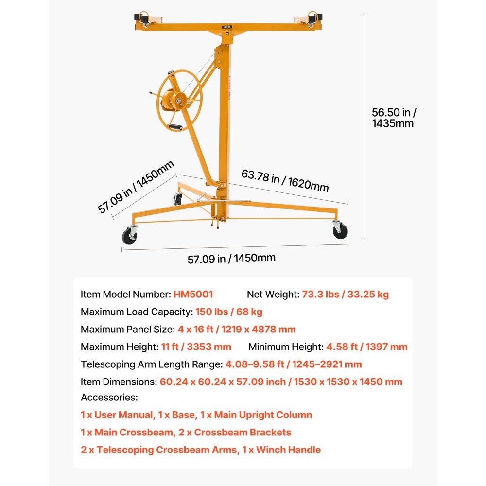 Elevador de paneles de yeso VEVOR de 11 pies, elevador de paneles de yeso de alta resistencia de 150 libras con brazo telescópico ajustable, ruedas bloqueables, herramientas de elevación de paneles de yeso, ideal para instalación en techos y paredes (amarillo)