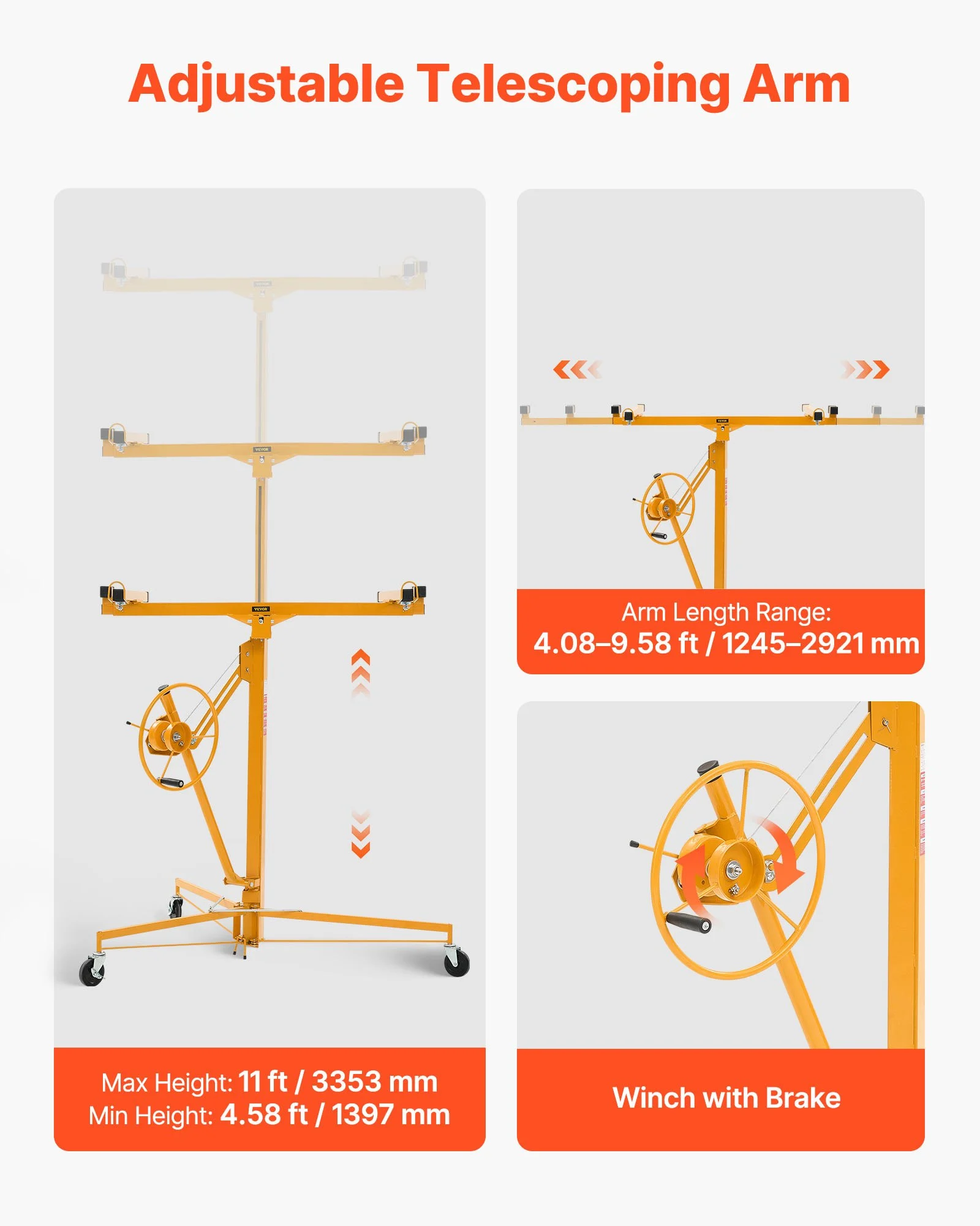 Elevador de paneles de yeso VEVOR de 11 pies, elevador de paneles de yeso de alta resistencia de 150 libras con brazo telescópico ajustable, ruedas bloqueables, herramientas de elevación de paneles de yeso, ideal para instalación en techos y paredes (amarillo)
