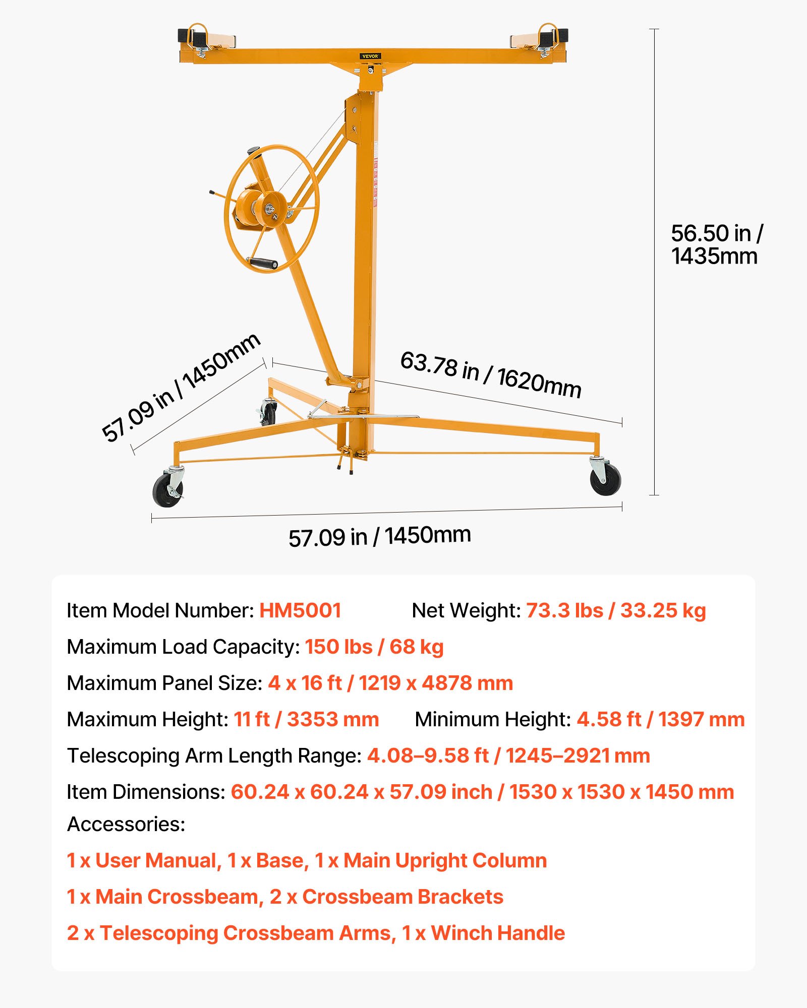 Elevador de paneles de yeso VEVOR de 11 pies, elevador de paneles de yeso de alta resistencia de 150 libras con brazo telescópico ajustable, ruedas bloqueables, herramientas de elevación de paneles de yeso, ideal para instalación en techos y paredes (amarillo)