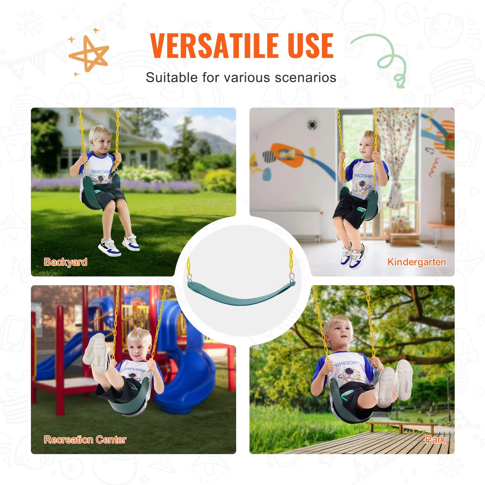 VEVOR - Juego de 2 asientos de columpio con cadenas revestidas de 167 cm y mosquetones, soporta hasta 136 kg. Repuesto para columpios de exterior. Accesorios para columpios infantiles. Para uso en exteriores e interiores. Verde.
