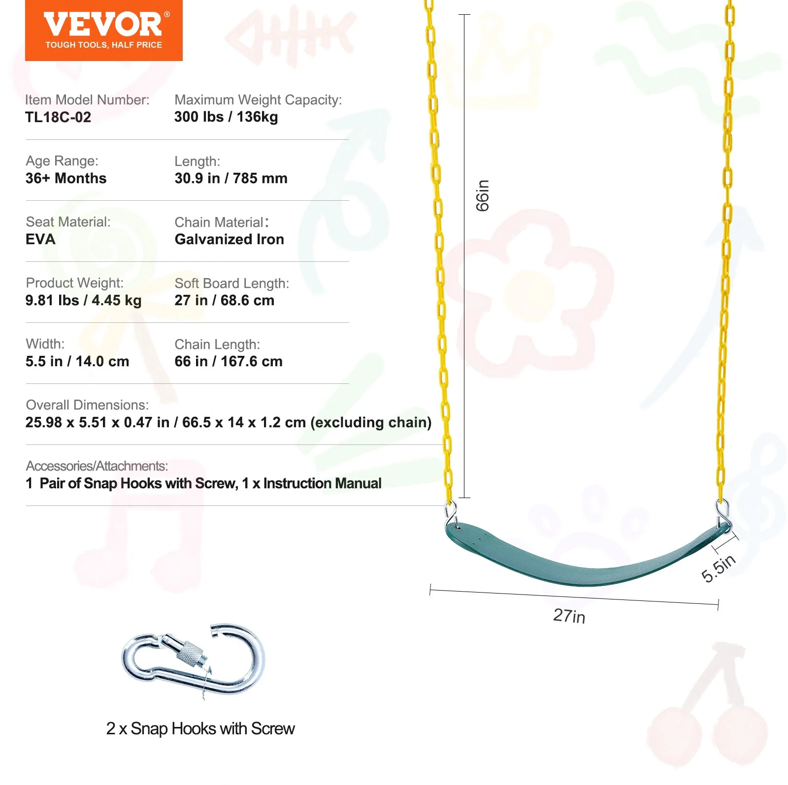 VEVOR - Juego de 2 asientos de columpio con cadenas revestidas de 167 cm y mosquetones, soporta hasta 136 kg. Repuesto para columpios de exterior. Accesorios para columpios infantiles. Para uso en exteriores e interiores. Verde.