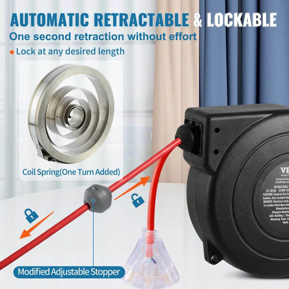 VEVOR Retractable Extension Cord Reel, 45 FT, Heavy Duty 12AWG/3C SJTOW Retractable Power Cord with Lighted Triple Tap Outlet, 15 Amp Circuit Breaker 180° Swivel Bracket for Ceiling or Wall Mount