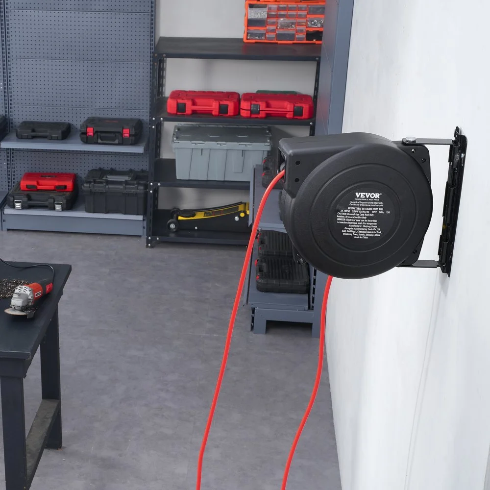 VEVOR Retractable Extension Cord Reel, 45 FT, Heavy Duty 12AWG/3C SJTOW Retractable Power Cord with Lighted Triple Tap Outlet, 15 Amp Circuit Breaker 180° Swivel Bracket for Ceiling or Wall Mount