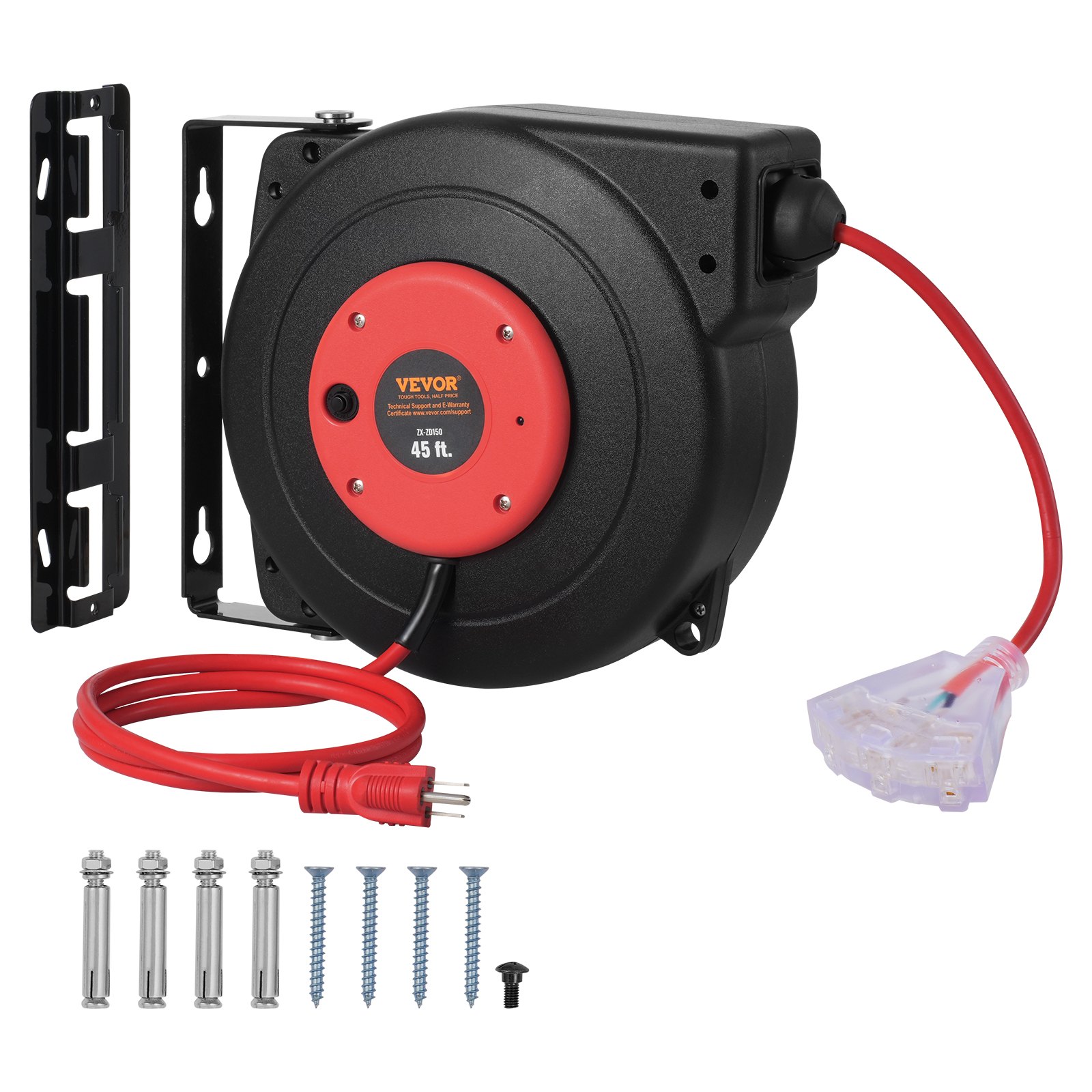 VEVOR Retractable Extension Cord Reel, 45 FT, Heavy Duty 12AWG/3C SJTOW Retractable Power Cord with Lighted Triple Tap Outlet, 15 Amp Circuit Breaker 180° Swivel Bracket for Ceiling or Wall Mount
