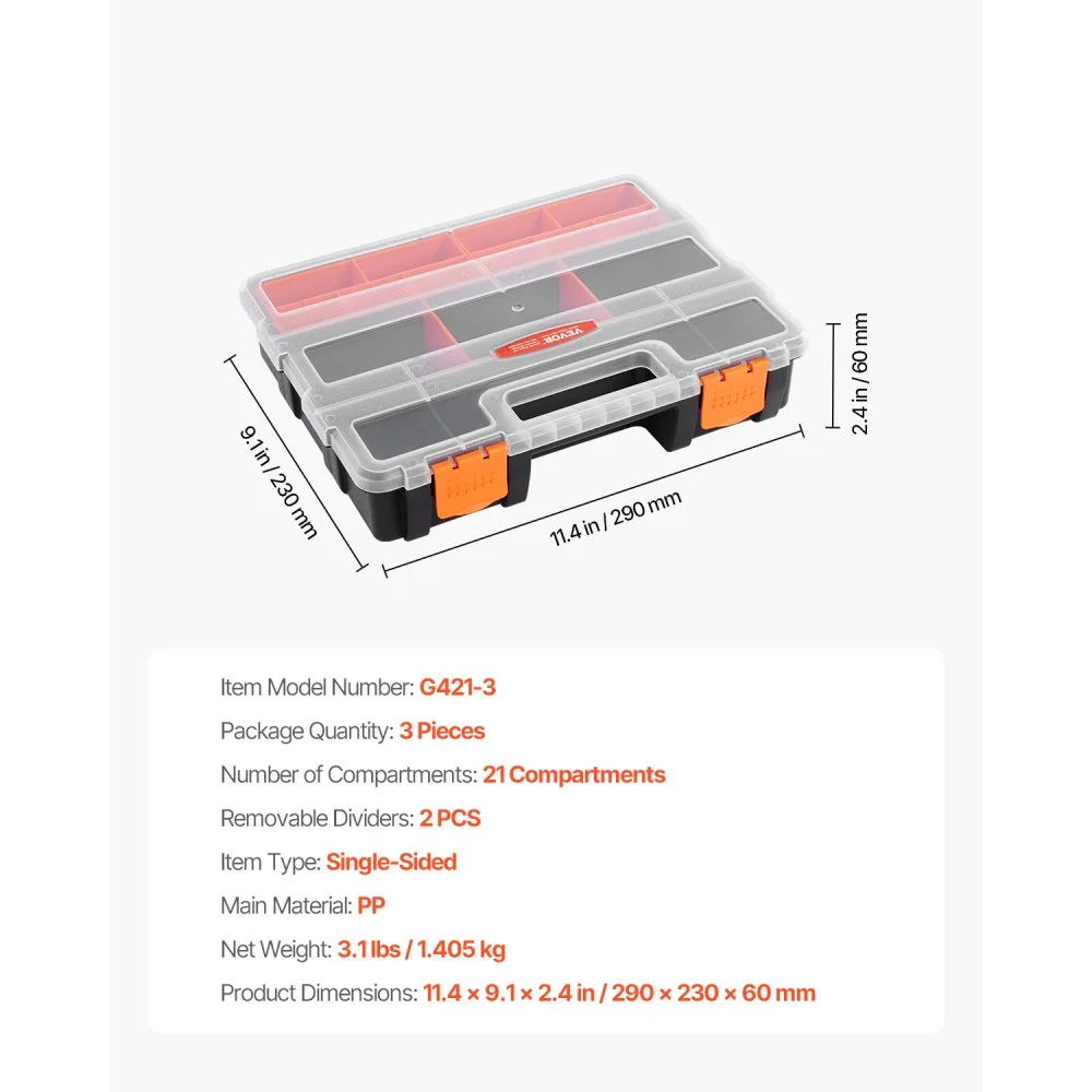 VEVOR - Organizador de piezas pequeñas (paquete de 3), 21 compartimentos, caja organizadora de herramientas con divisores extraíbles, caja de almacenamiento de hardware de PP de alta calidad con pestillo de seguridad y asa portátil para tuercas, pernos, tornillos y clavos.