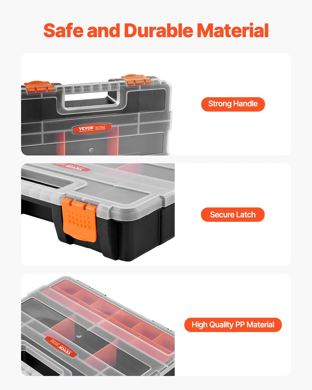 VEVOR - Organizador de piezas pequeñas (paquete de 3), 21 compartimentos, caja organizadora de herramientas con divisores extraíbles, caja de almacenamiento de hardware de PP de alta calidad con pestillo de seguridad y asa portátil para tuercas, pernos, tornillos y clavos.