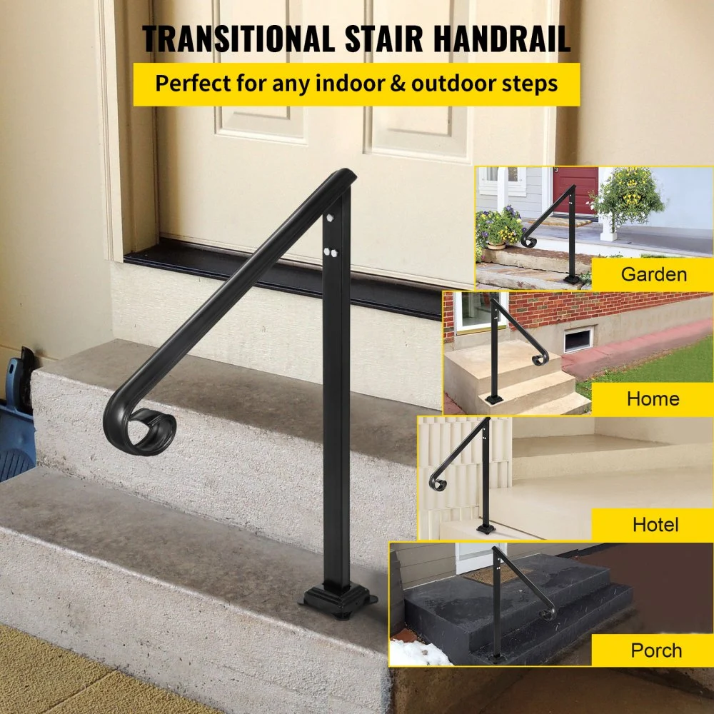 VEVOR Handrail Fits 1 or 2 Steps,Handrails Real Iron Metal Material,Real Wrought Iron Handrails & Stainless Steel Post Mounts, with Installation Kit Hand Rails for Outdoor Steps-Matte Black