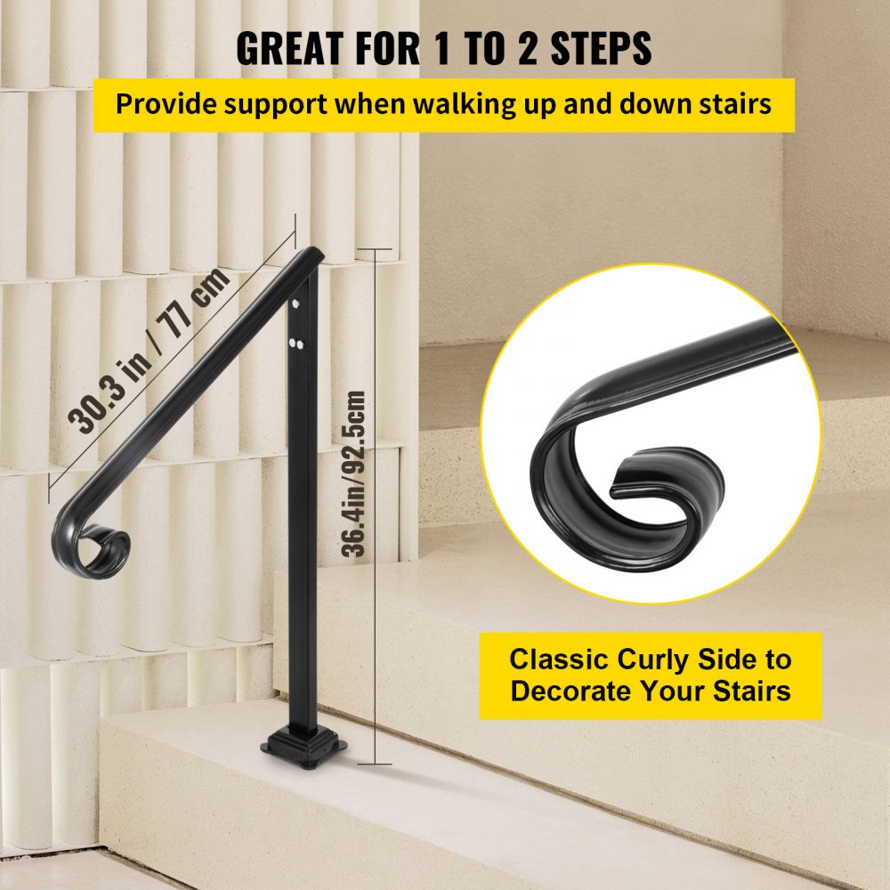 VEVOR Handrail Fits 1 or 2 Steps,Handrails Real Iron Metal Material,Real Wrought Iron Handrails & Stainless Steel Post Mounts, with Installation Kit Hand Rails for Outdoor Steps-Matte Black