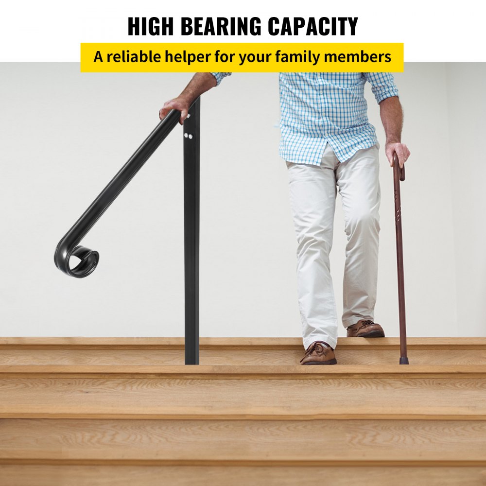 VEVOR Handrail Fits 1 or 2 Steps,Handrails Real Iron Metal Material,Real Wrought Iron Handrails & Stainless Steel Post Mounts, with Installation Kit Hand Rails for Outdoor Steps-Matte Black