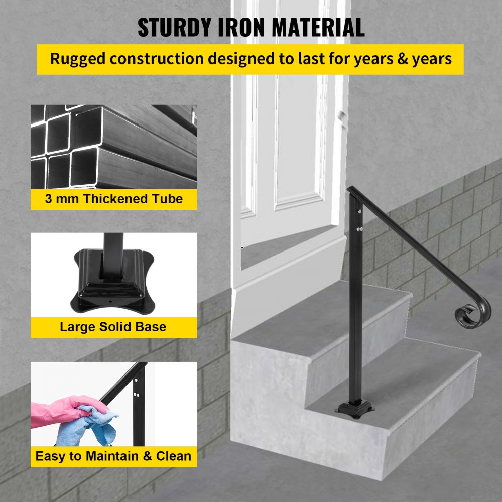 VEVOR Handrail Fits 1 or 2 Steps,Handrails Real Iron Metal Material,Real Wrought Iron Handrails & Stainless Steel Post Mounts, with Installation Kit Hand Rails for Outdoor Steps-Matte Black