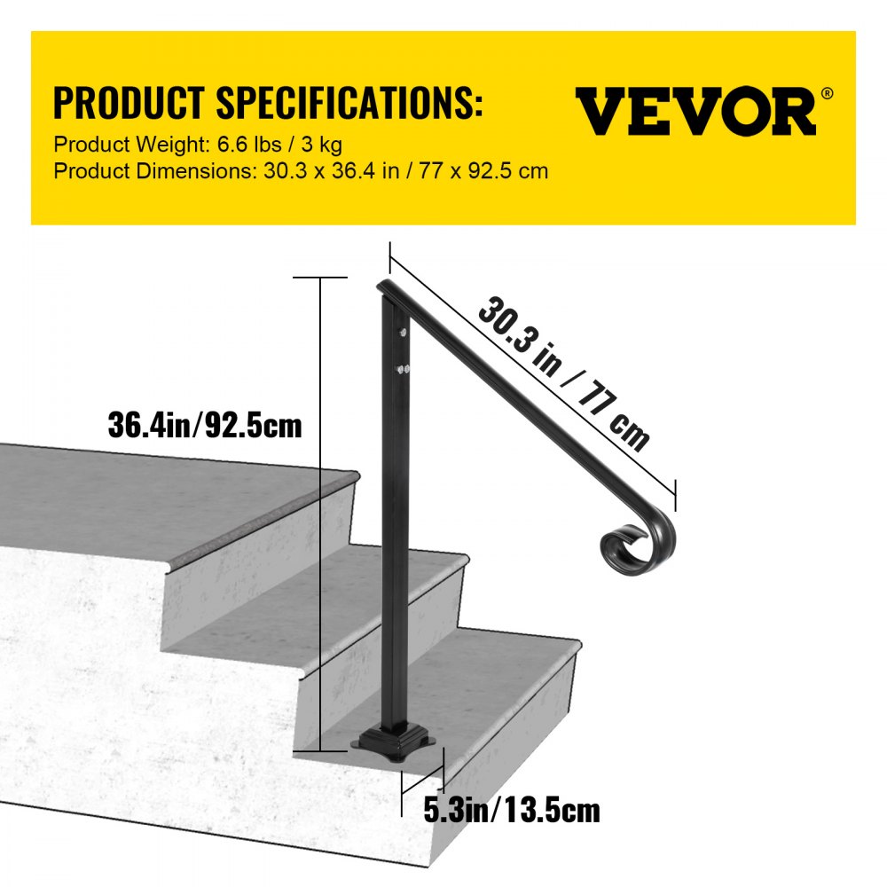 VEVOR Handrail Fits 1 or 2 Steps,Handrails Real Iron Metal Material,Real Wrought Iron Handrails & Stainless Steel Post Mounts, with Installation Kit Hand Rails for Outdoor Steps-Matte Black