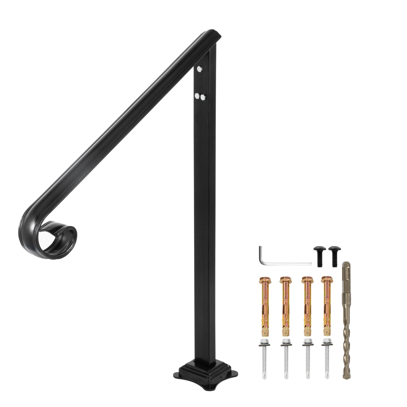 VEVOR Handrail Fits 1 or 2 Steps,Handrails Real Iron Metal Material,Real Wrought Iron Handrails & Stainless Steel Post Mounts, with Installation Kit Hand Rails for Outdoor Steps-Matte Black