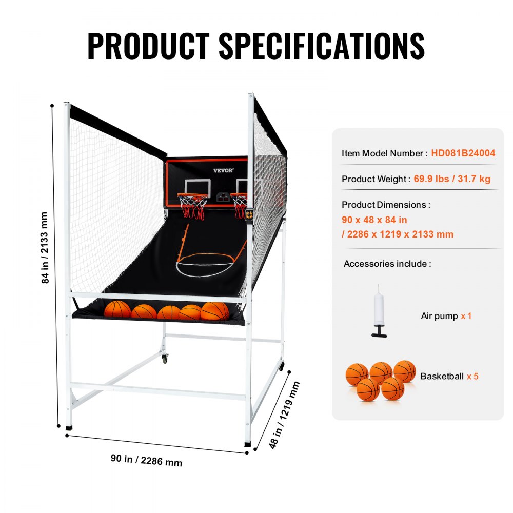 VEVOR Arcade - Juego de baloncesto en jaula, para 2 jugadores, para interior, con 5 balones, 8 modos de juego, marcador electrónico y bomba de inflado, para niños y adultos (blanco y negro)