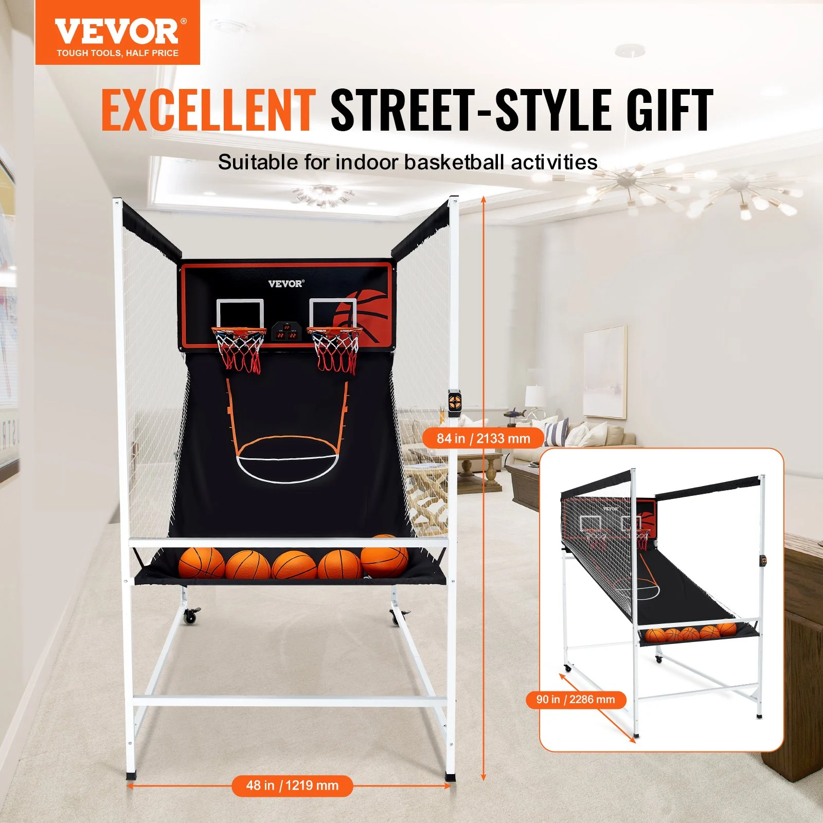 VEVOR Arcade - Juego de baloncesto en jaula, para 2 jugadores, para interior, con 5 balones, 8 modos de juego, marcador electrónico y bomba de inflado, para niños y adultos (blanco y negro)