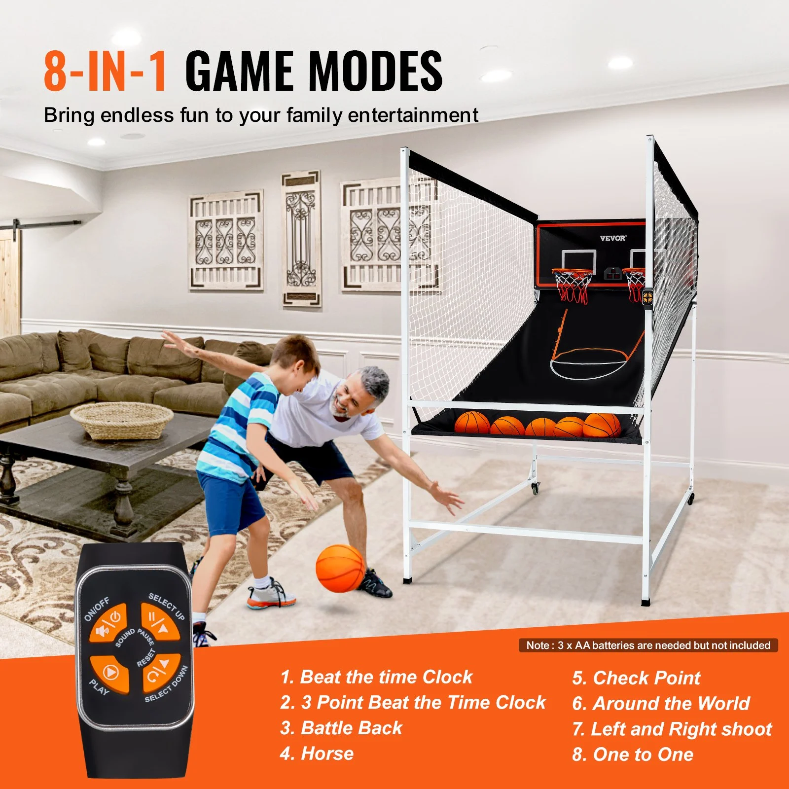 VEVOR Arcade - Juego de baloncesto en jaula, para 2 jugadores, para interior, con 5 balones, 8 modos de juego, marcador electrónico y bomba de inflado, para niños y adultos (blanco y negro)