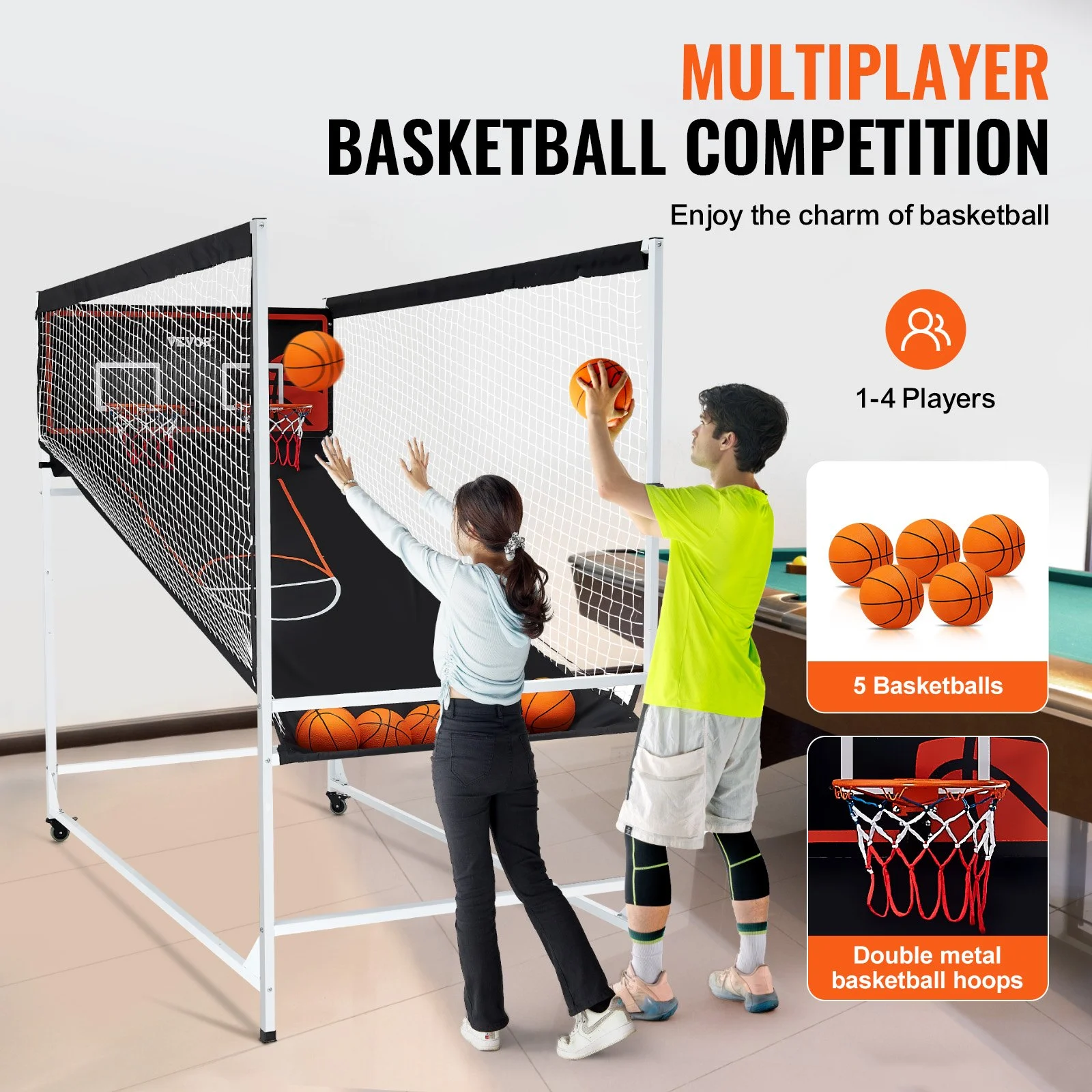VEVOR Arcade - Juego de baloncesto en jaula, para 2 jugadores, para interior, con 5 balones, 8 modos de juego, marcador electrónico y bomba de inflado, para niños y adultos (blanco y negro)