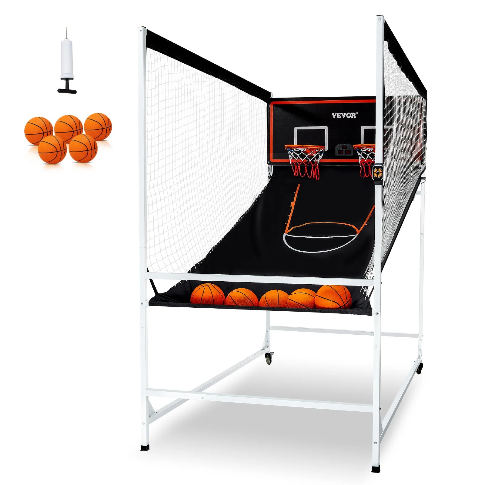 VEVOR Arcade - Juego de baloncesto en jaula, para 2 jugadores, para interior, con 5 balones, 8 modos de juego, marcador electrónico y bomba de inflado, para niños y adultos (blanco y negro)