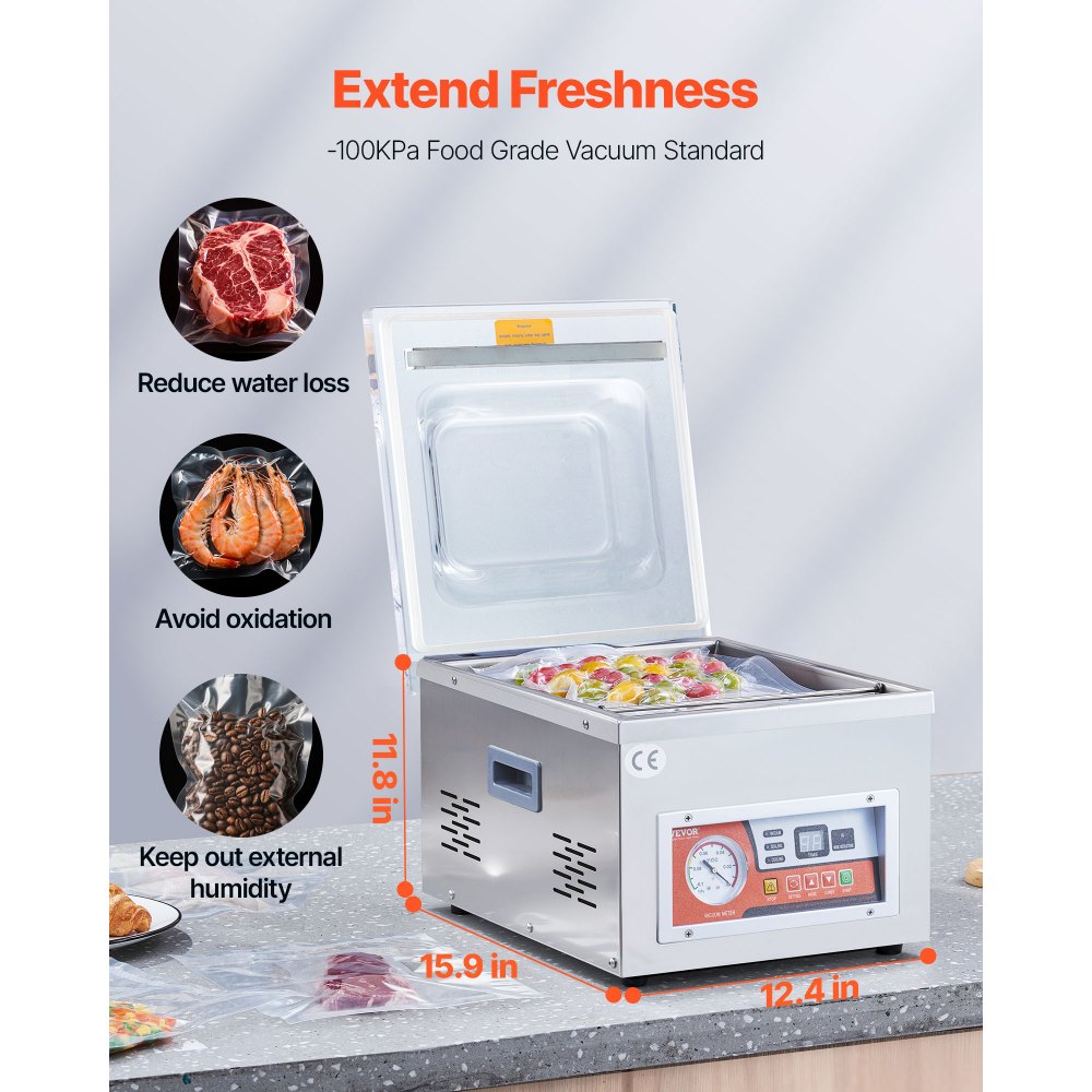 Selladora al vacío de cámara VEVOR, potencia de sellado de 260 W, máquina de envasado al vacío para alimentos húmedos, carnes, adobos y más, tamaño compacto con una longitud de sellado de 26 cm, ideal para uso doméstico y comercial.