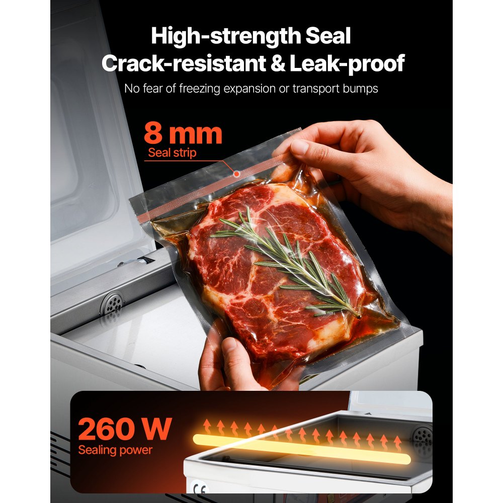Selladora al vacío de cámara VEVOR, potencia de sellado de 260 W, máquina de envasado al vacío para alimentos húmedos, carnes, adobos y más, tamaño compacto con una longitud de sellado de 26 cm, ideal para uso doméstico y comercial.