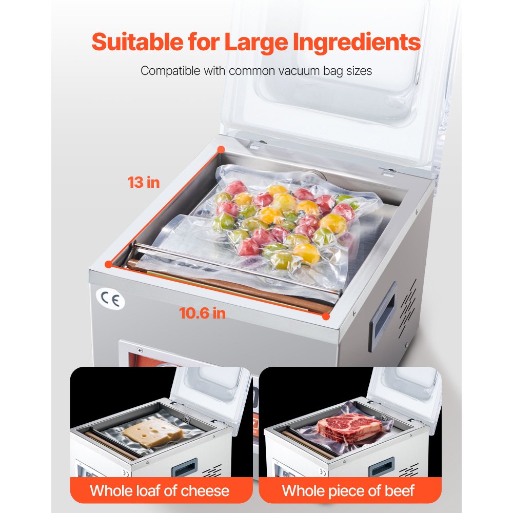 Selladora al vacío de cámara VEVOR, potencia de sellado de 260 W, máquina de envasado al vacío para alimentos húmedos, carnes, adobos y más, tamaño compacto con una longitud de sellado de 26 cm, ideal para uso doméstico y comercial.