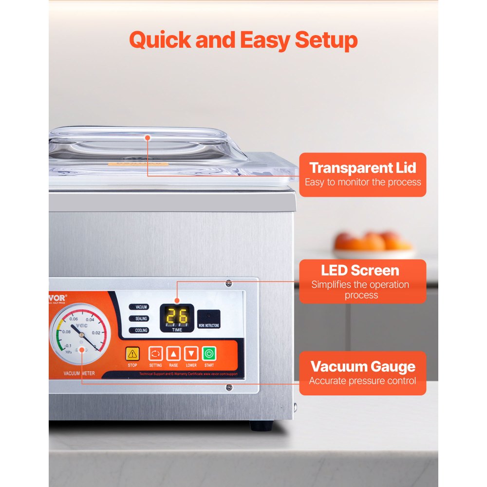 Selladora al vacío de cámara VEVOR, potencia de sellado de 260 W, máquina de envasado al vacío para alimentos húmedos, carnes, adobos y más, tamaño compacto con una longitud de sellado de 26 cm, ideal para uso doméstico y comercial.