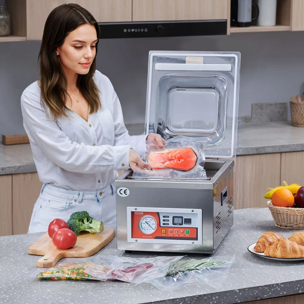 Selladora al vacío de cámara VEVOR, potencia de sellado de 260 W, máquina de envasado al vacío para alimentos húmedos, carnes, adobos y más, tamaño compacto con una longitud de sellado de 26 cm, ideal para uso doméstico y comercial.