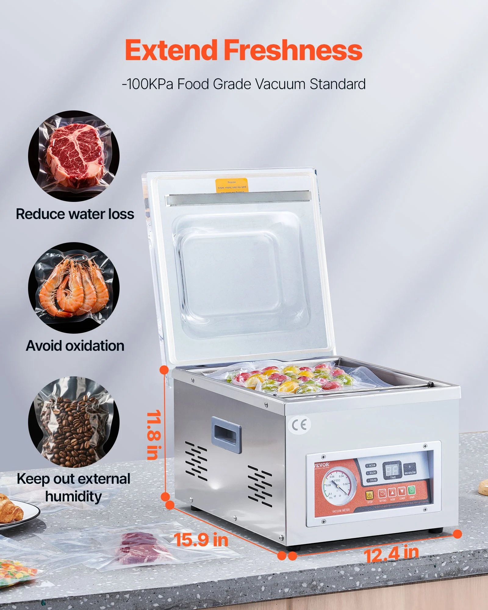 Selladora al vacío de cámara VEVOR, potencia de sellado de 260 W, máquina de envasado al vacío para alimentos húmedos, carnes, adobos y más, tamaño compacto con una longitud de sellado de 26 cm, ideal para uso doméstico y comercial.
