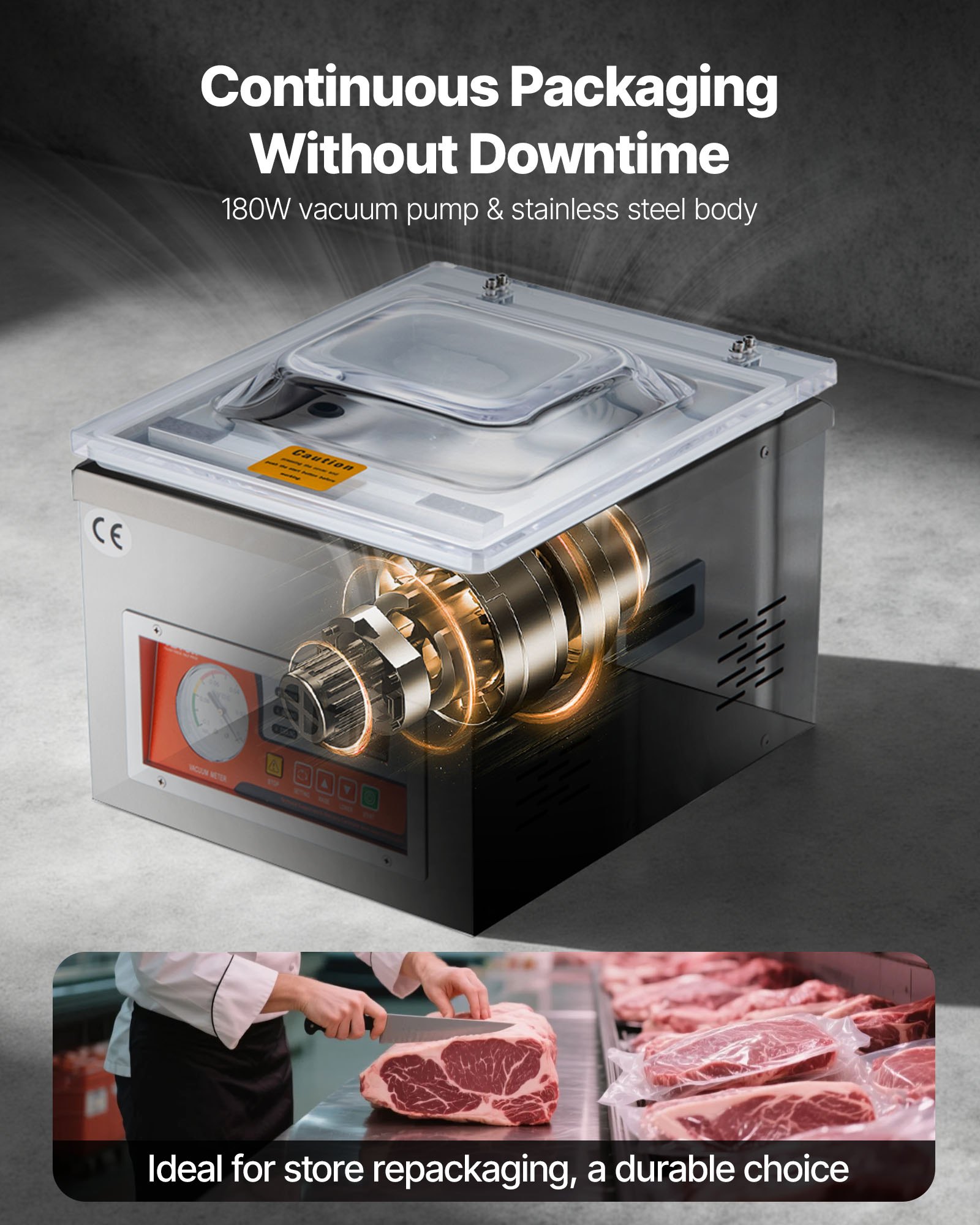 Selladora al vacío de cámara VEVOR, potencia de sellado de 260 W, máquina de envasado al vacío para alimentos húmedos, carnes, adobos y más, tamaño compacto con una longitud de sellado de 26 cm, ideal para uso doméstico y comercial.