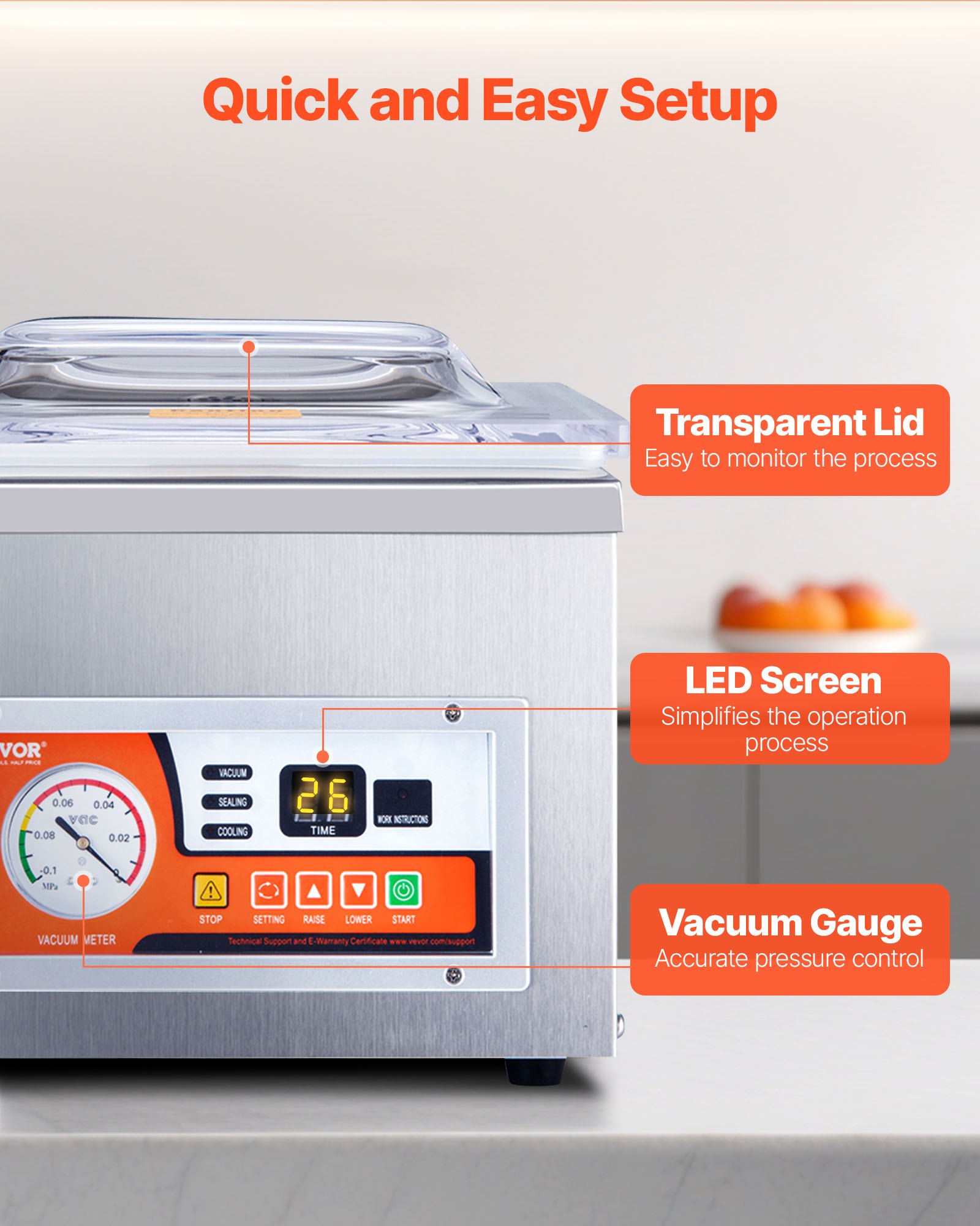 Selladora al vacío de cámara VEVOR, potencia de sellado de 260 W, máquina de envasado al vacío para alimentos húmedos, carnes, adobos y más, tamaño compacto con una longitud de sellado de 26 cm, ideal para uso doméstico y comercial.