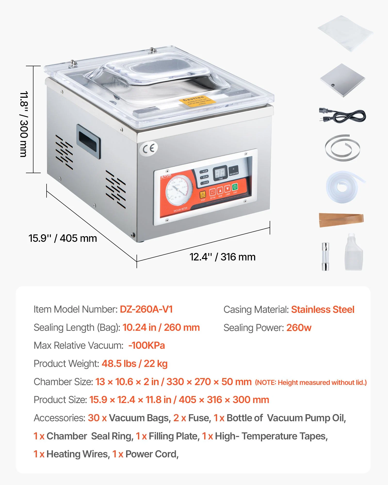 Selladora al vacío de cámara VEVOR, potencia de sellado de 260 W, máquina de envasado al vacío para alimentos húmedos, carnes, adobos y más, tamaño compacto con una longitud de sellado de 26 cm, ideal para uso doméstico y comercial.