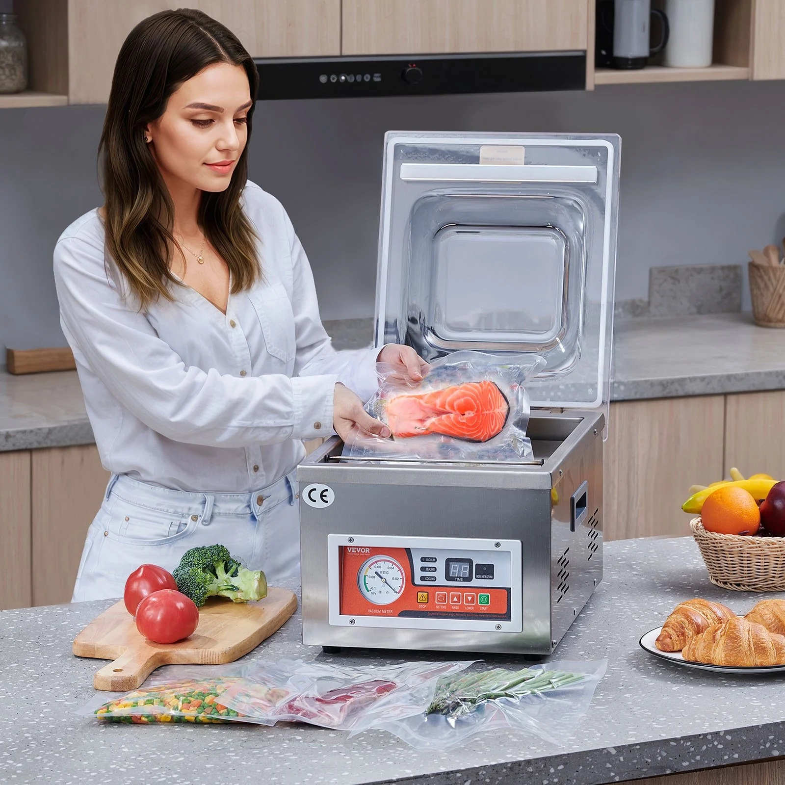 Selladora al vacío de cámara VEVOR, potencia de sellado de 260 W, máquina de envasado al vacío para alimentos húmedos, carnes, adobos y más, tamaño compacto con una longitud de sellado de 26 cm, ideal para uso doméstico y comercial.