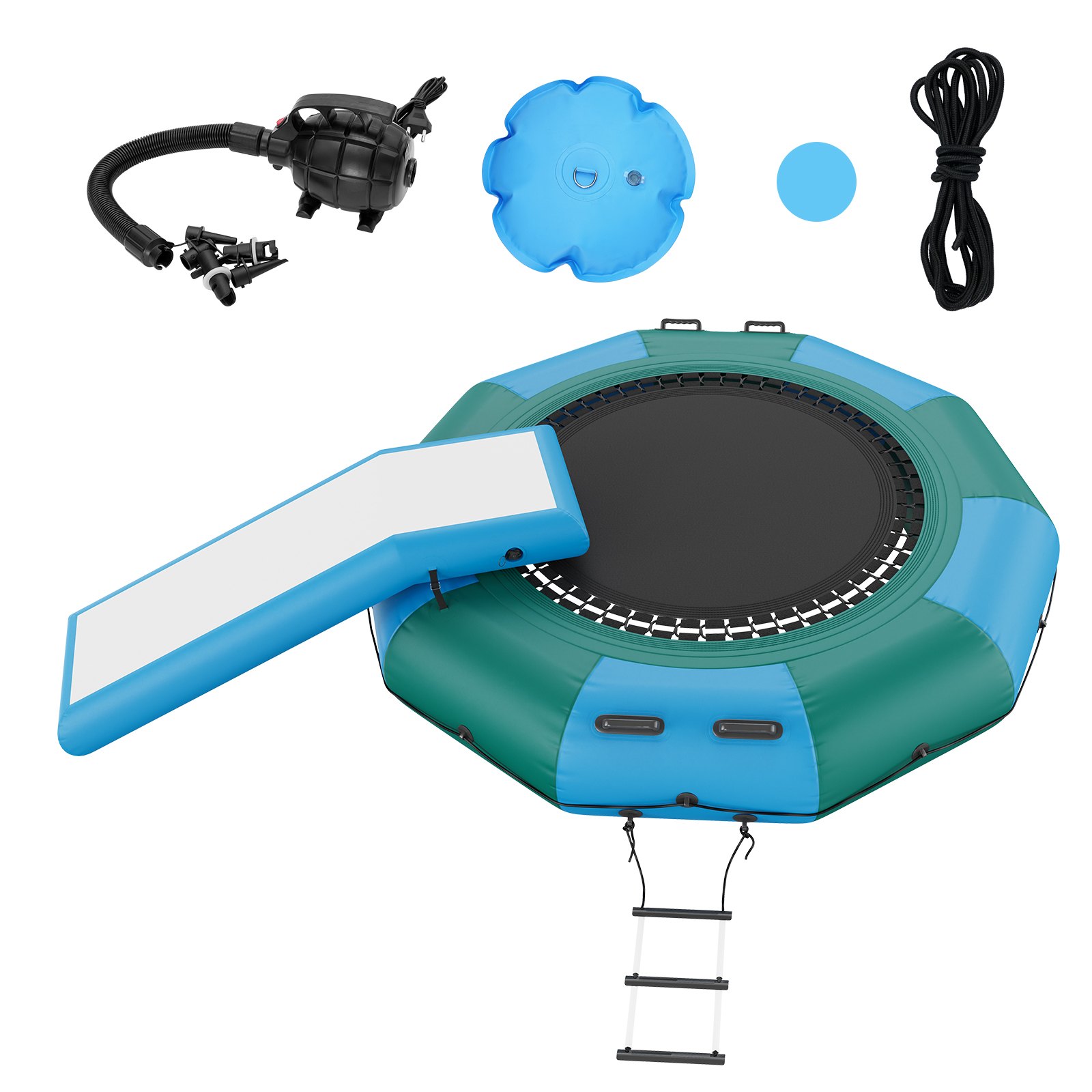 VEVOR Inflatable Water Bouncer, 10ft Recreational Water Trampoline, Portable Bounce Swim Platform with Slide, 3-Step Ladder & Electric Air Pump, Kid Adult Floating Rebounder for Pool Lake Water Sports