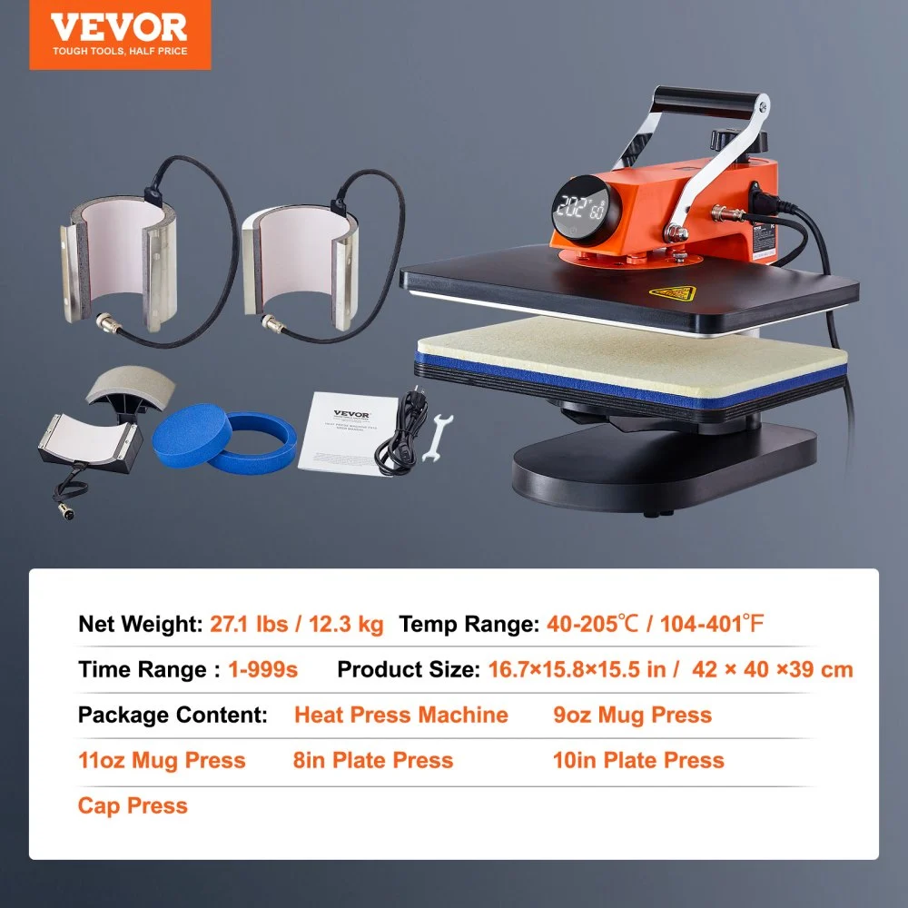 VEVOR Máquina de prensa de calor – Máquina de sublimación de prensa de calor 6 en 1 para camisetas/sombreros/tazas/proyectos de transferencia de calor, prensa de calor multifunción de 12 x 15 con 360° probado según los estándares