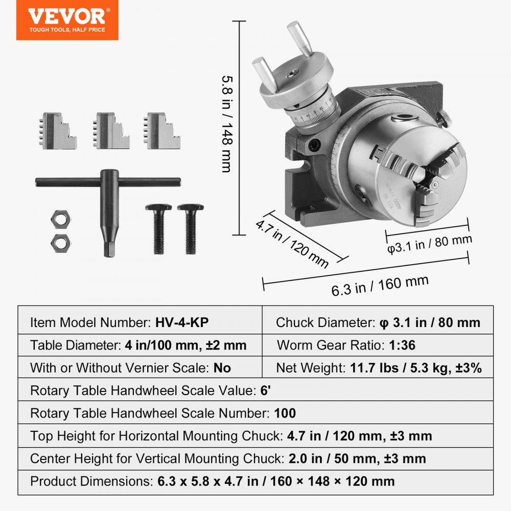 VEVOR Milling Machine Rotary Table, 4''/100 mm, Versatile Horizontal & Vertical Design, Precision Crafted, Includes 3.1''/80 mm 3-Jaw Chuck, M10 T-Bolts & Nuts, Ideal for Engineering & Indexing