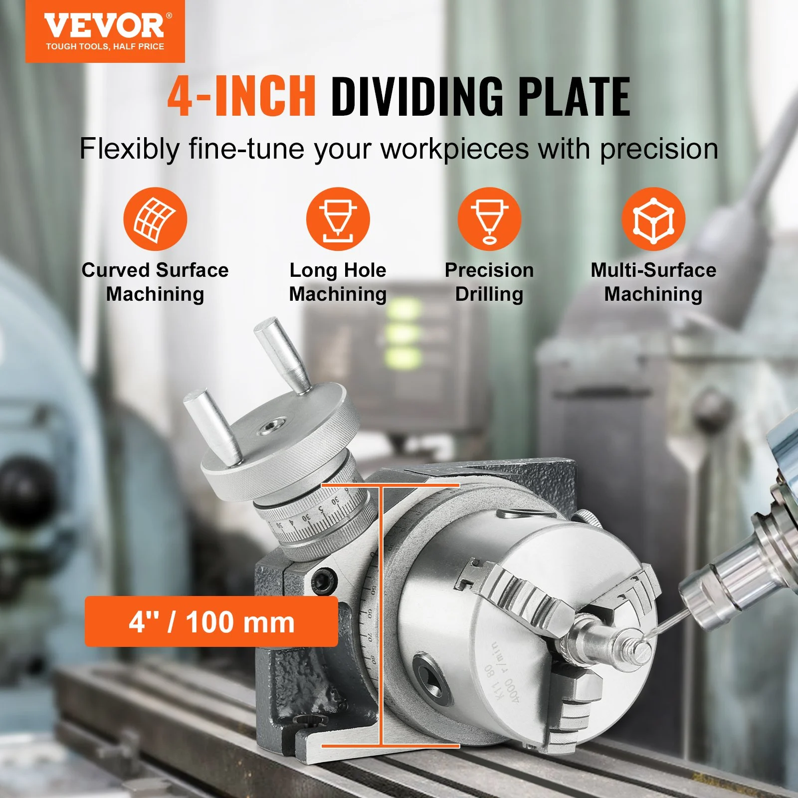 VEVOR Milling Machine Rotary Table, 4''/100 mm, Versatile Horizontal & Vertical Design, Precision Crafted, Includes 3.1''/80 mm 3-Jaw Chuck, M10 T-Bolts & Nuts, Ideal for Engineering & Indexing