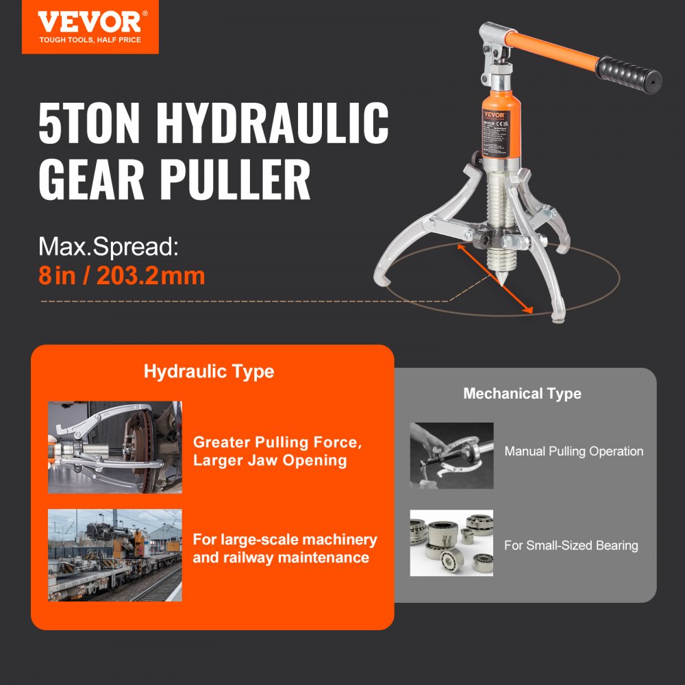 Extractor hidráulico de engranajes VEVOR, capacidad máxima de 5 toneladas, separador de cojinetes de rueda, extractor de 2 o 3 mordazas, vertical y horizontal, extractor hidráulico de 8" con estuche para extraer cubos.