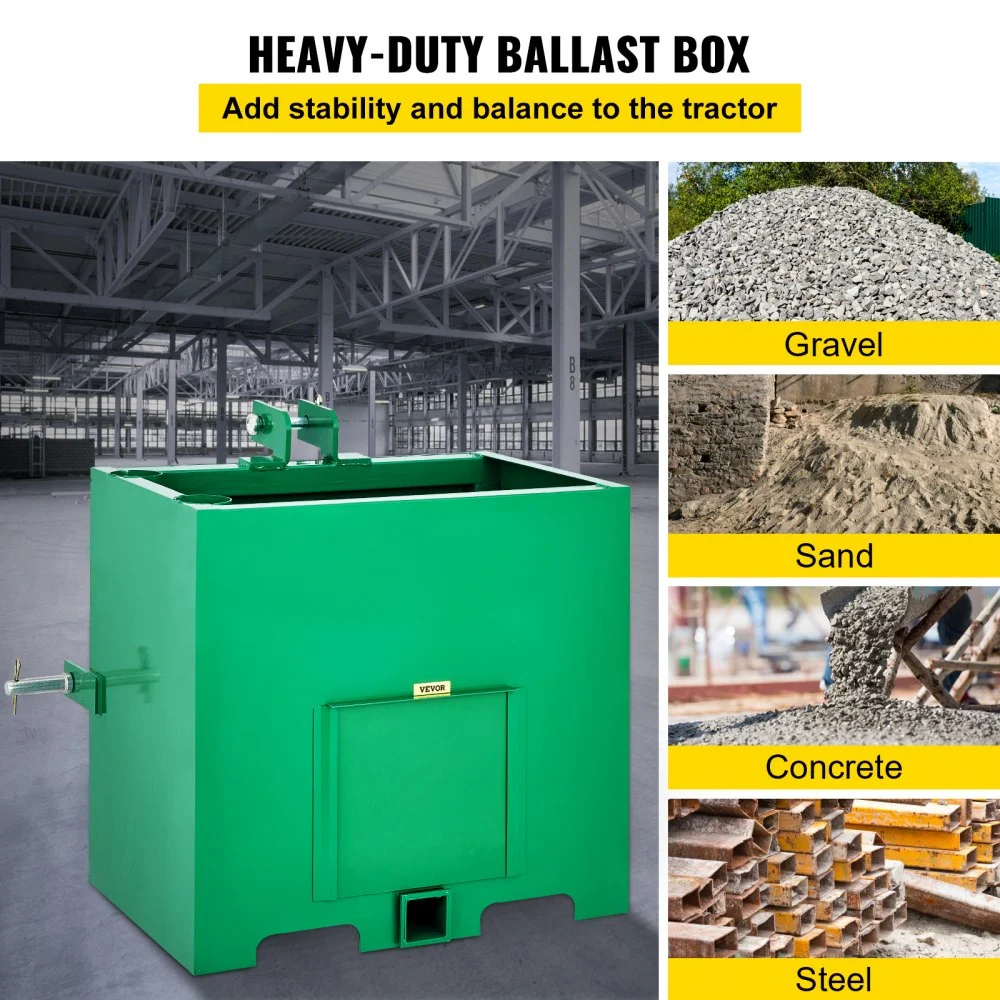 Caja de lastre de 3 puntos VEVOR, capacidad de 800 lb, receptor de enganche estándar de 2 pulgadas, caja de lastre para tractor con volumen de 5 pies cúbicos, acero resistente, compatible con accesorios de tractor de categoría 1, color verde