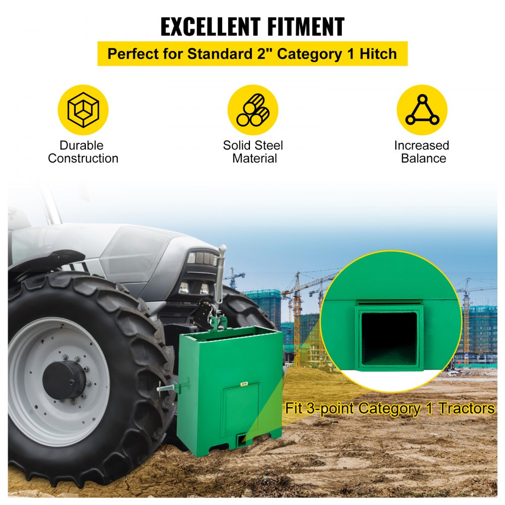 Caja de lastre de 3 puntos VEVOR, capacidad de 800 lb, receptor de enganche estándar de 2 pulgadas, caja de lastre para tractor con volumen de 5 pies cúbicos, acero resistente, compatible con accesorios de tractor de categoría 1, color verde