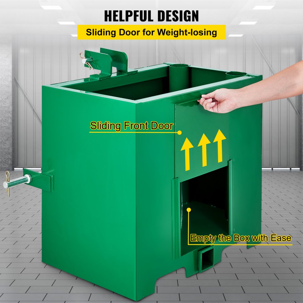 Caja de lastre de 3 puntos VEVOR, capacidad de 800 lb, receptor de enganche estándar de 2 pulgadas, caja de lastre para tractor con volumen de 5 pies cúbicos, acero resistente, compatible con accesorios de tractor de categoría 1, color verde