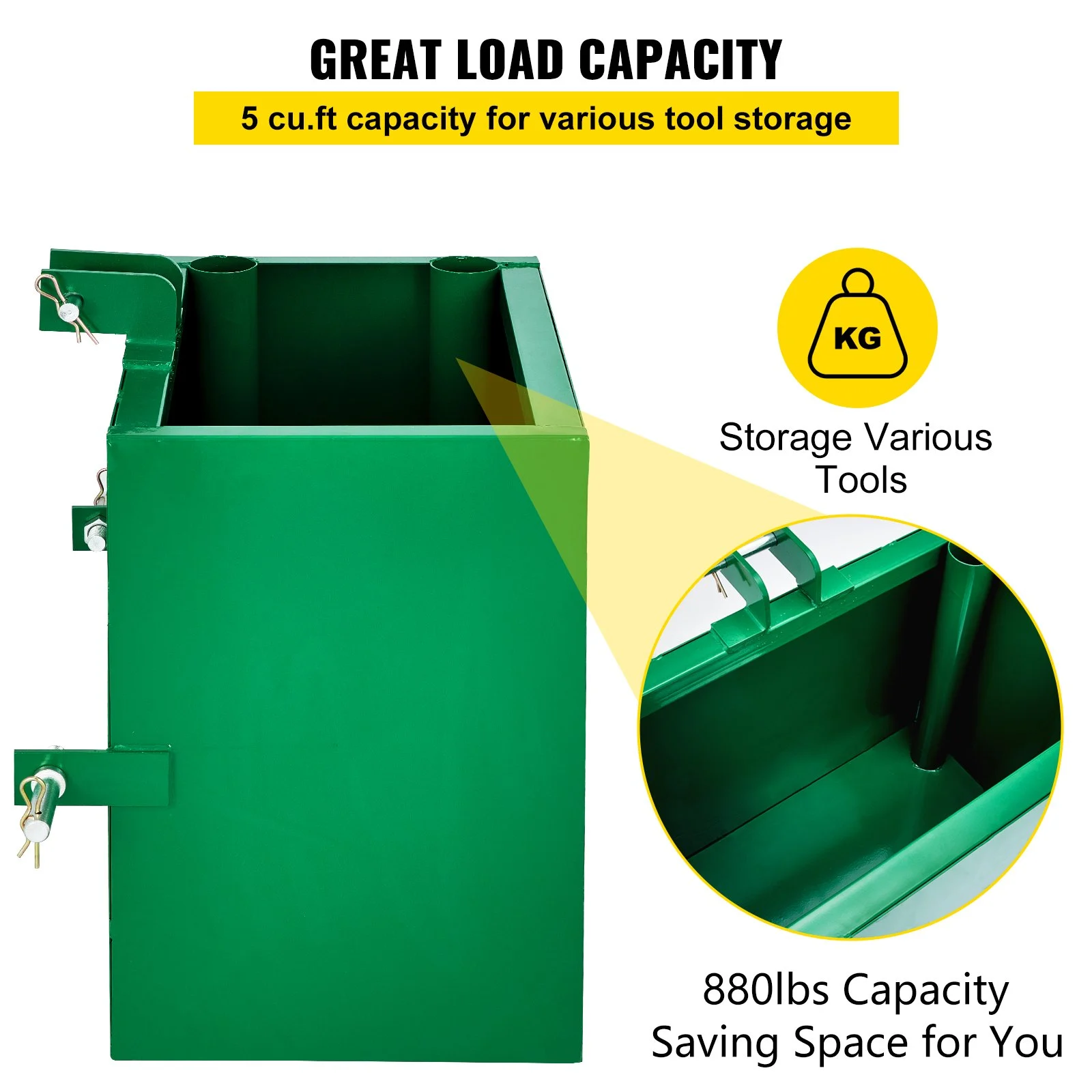 Caja de lastre de 3 puntos VEVOR, capacidad de 800 lb, receptor de enganche estándar de 2 pulgadas, caja de lastre para tractor con volumen de 5 pies cúbicos, acero resistente, compatible con accesorios de tractor de categoría 1, color verde