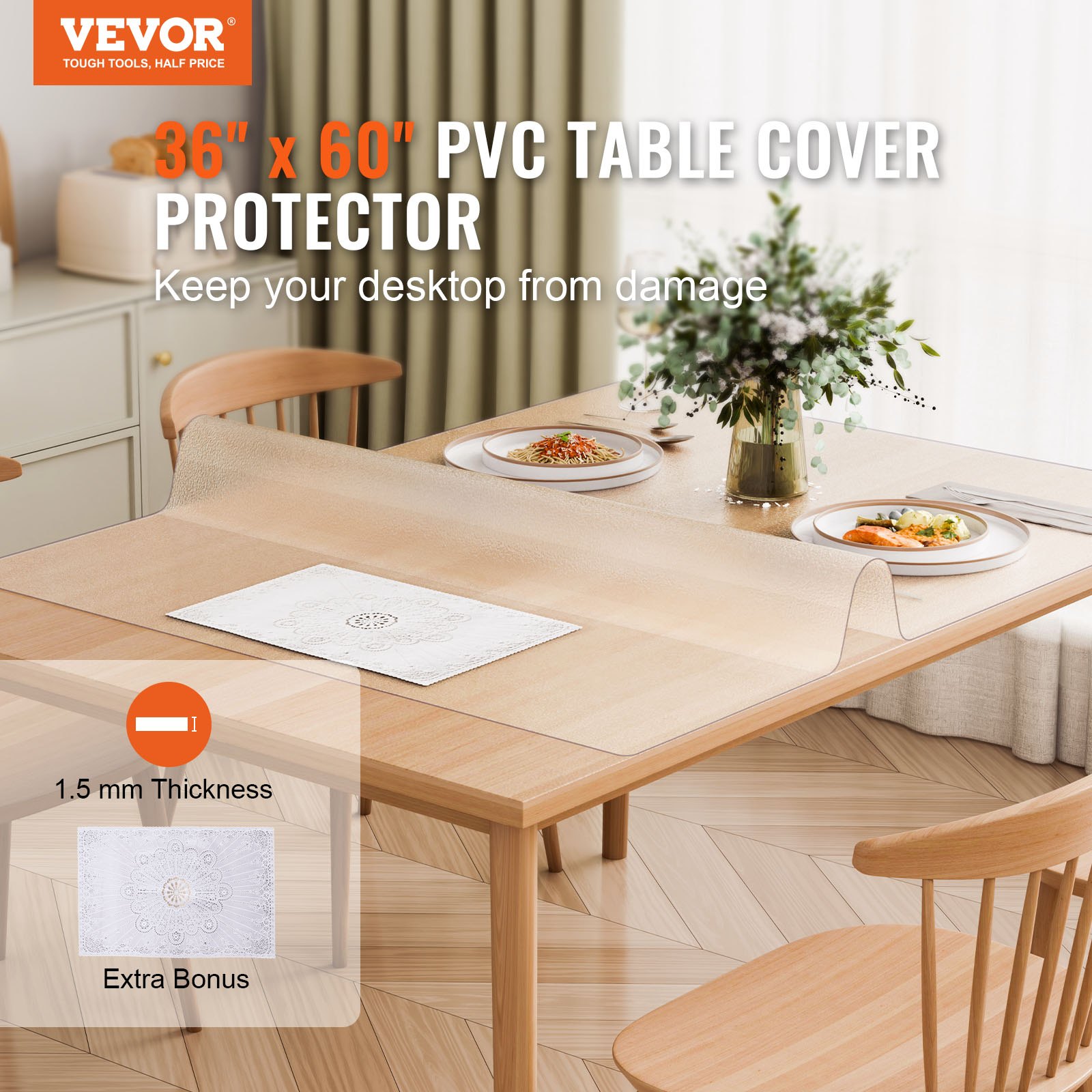 VEVOR - Mantel de plástico esmerilado de 91 x 152 cm (1,5 mm de grosor), rectangular, de PVC, impermeable y fácil de limpiar, para oficina, tocador, comedor, mesa de noche