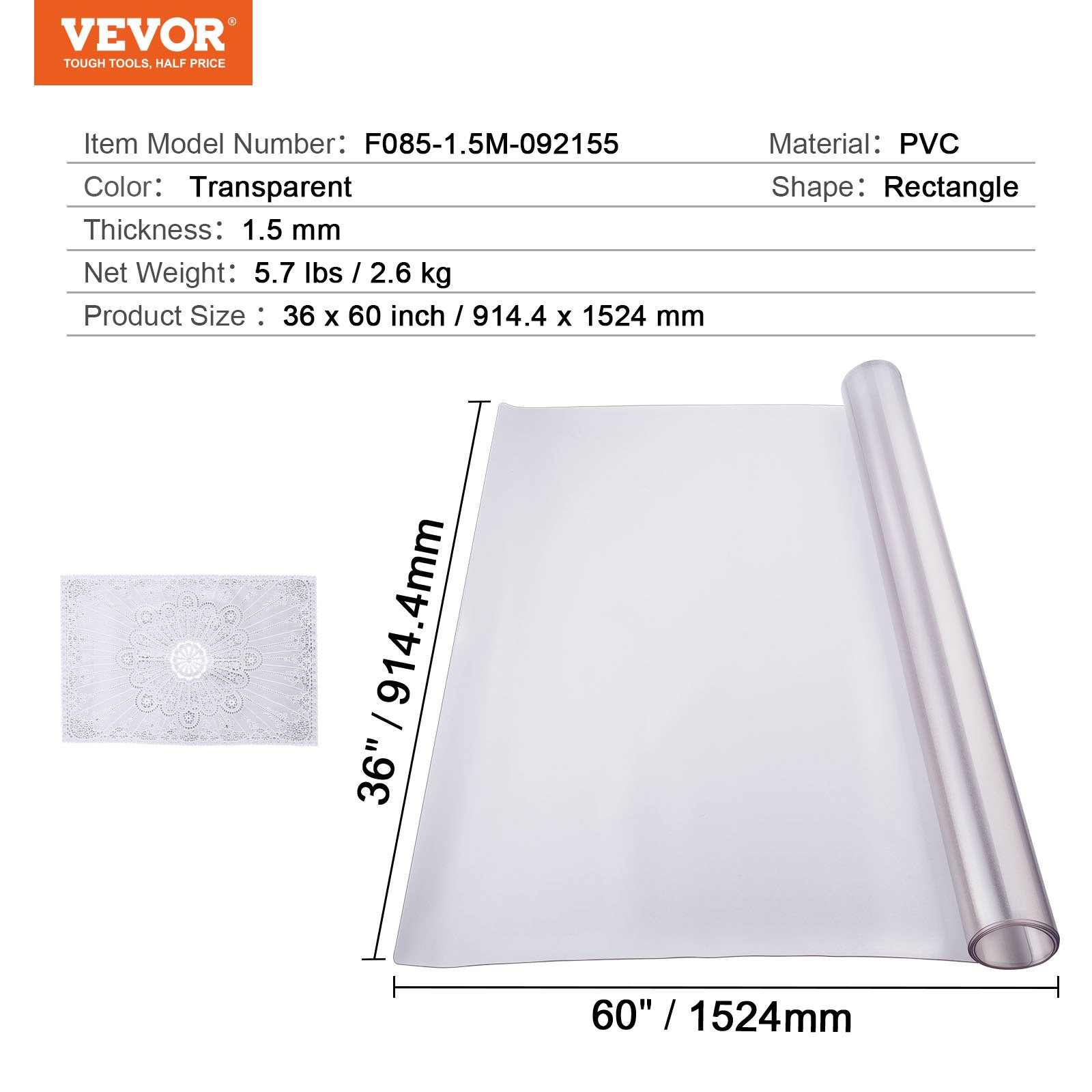 VEVOR - Mantel de plástico esmerilado de 91 x 152 cm (1,5 mm de grosor), rectangular, de PVC, impermeable y fácil de limpiar, para oficina, tocador, comedor, mesa de noche