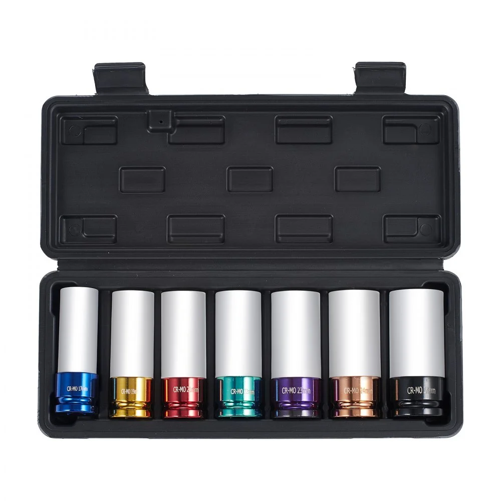 VEVOR Juego de Dados de Impacto para Tuercas de Rueda Kit de Dados Profundos Métricos de 6 Puntas con Impulsión de 12,7 mm, 7 Tamaños de Tuercas 17/19/21/22/23/24/27 mm con Estuche de Almacenamiento