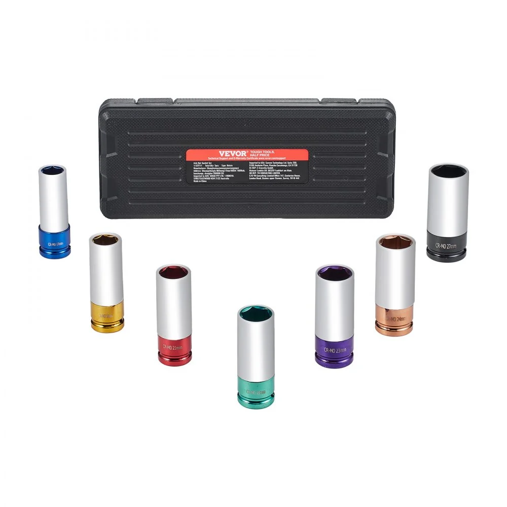 VEVOR Juego de Dados de Impacto para Tuercas de Rueda Kit de Dados Profundos Métricos de 6 Puntas con Impulsión de 12,7 mm, 7 Tamaños de Tuercas 17/19/21/22/23/24/27 mm con Estuche de Almacenamiento