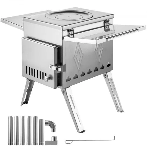 Estufa de leña VEVOR para tienda de campaña (44,5 x 37,5 x 26,5 cm), de acero inoxidable 304 con tubo plegable, portátil, 240 cm de altura, ideal para acampar, calentar tiendas de campaña, cazar y cocinar al aire libre.