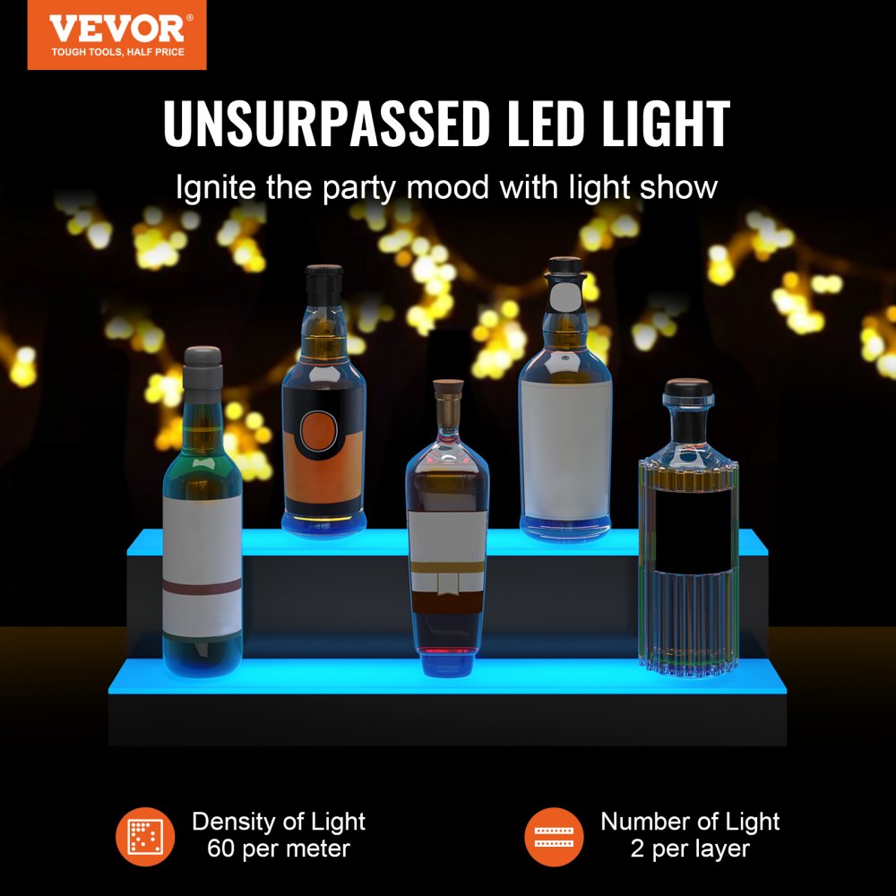 VEVOR Exhibidor de botellas de licor con luz LED, 2 niveles de 24 pulgadas, compatible con USB, estante de barra iluminado para el hogar con control remoto RF y control de aplicación, 7 colores estáticos, s