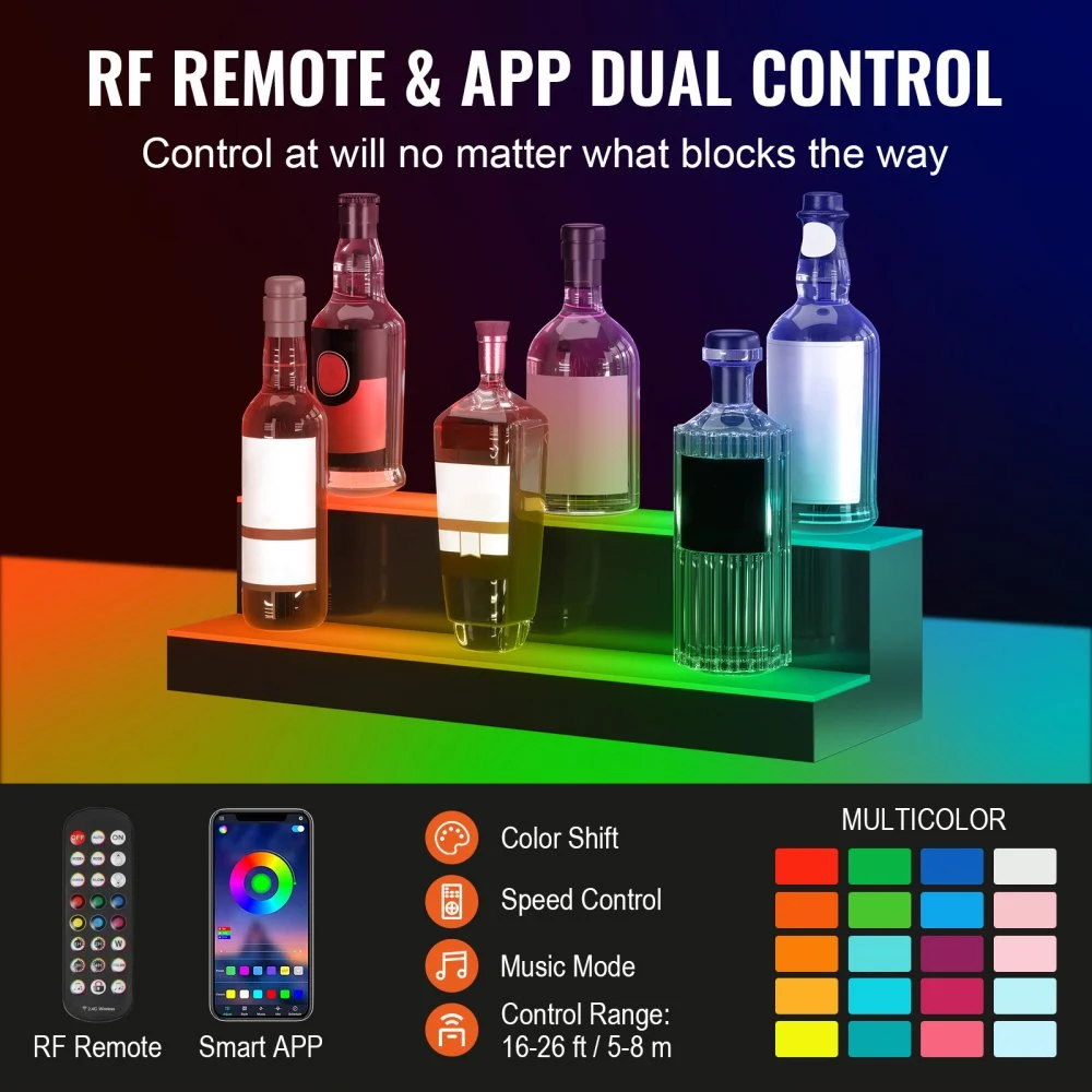 VEVOR Exhibidor de botellas de licor con luz LED, 2 niveles de 24 pulgadas, compatible con USB, estante de barra iluminado para el hogar con control remoto RF y control de aplicación, 7 colores estáticos, s