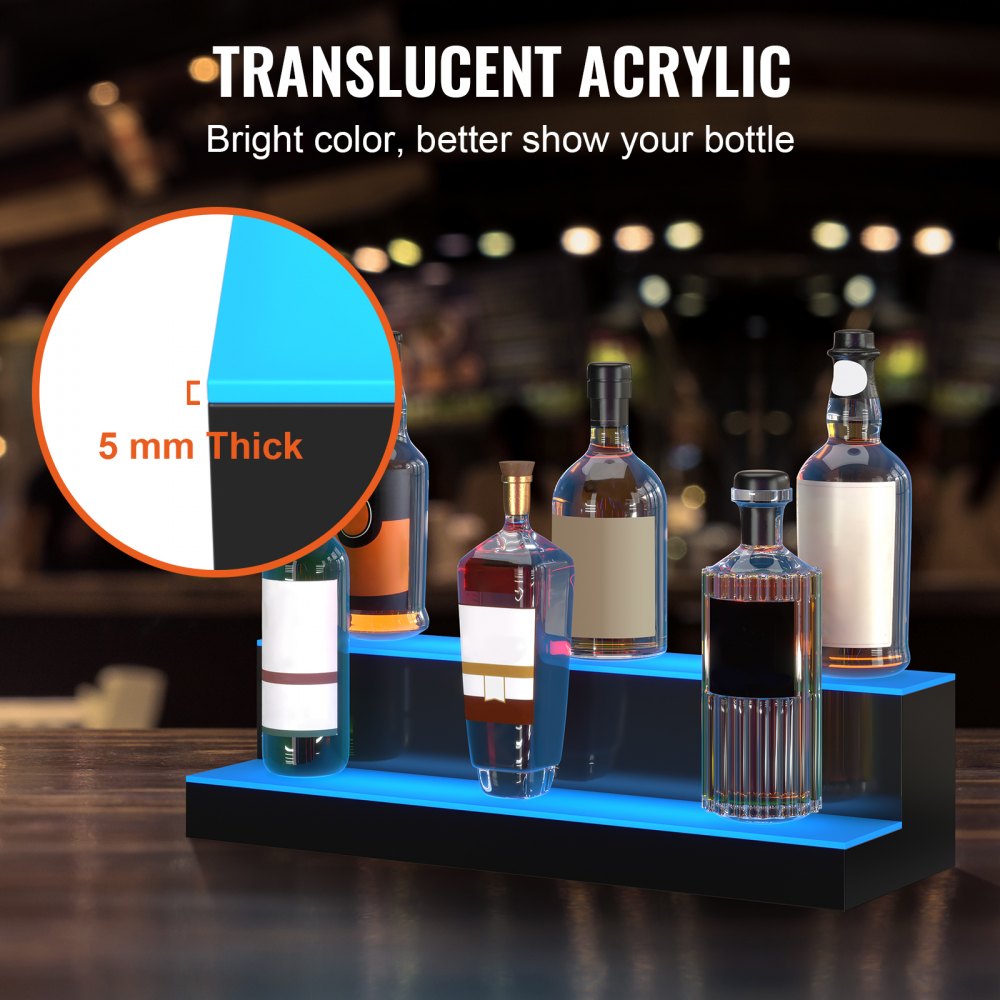 VEVOR Exhibidor de botellas de licor con luz LED, 2 niveles de 24 pulgadas, compatible con USB, estante de barra iluminado para el hogar con control remoto RF y control de aplicación, 7 colores estáticos, s