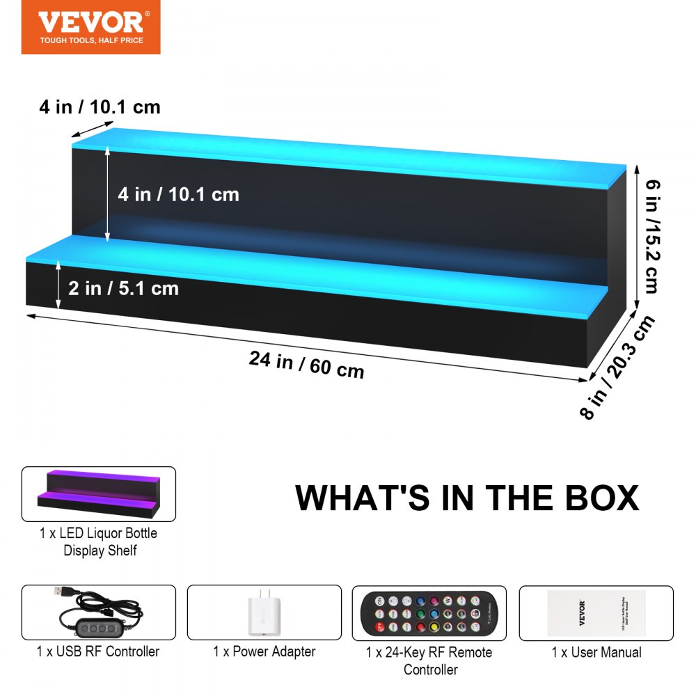 VEVOR Exhibidor de botellas de licor con luz LED, 2 niveles de 24 pulgadas, compatible con USB, estante de barra iluminado para el hogar con control remoto RF y control de aplicación, 7 colores estáticos, s
