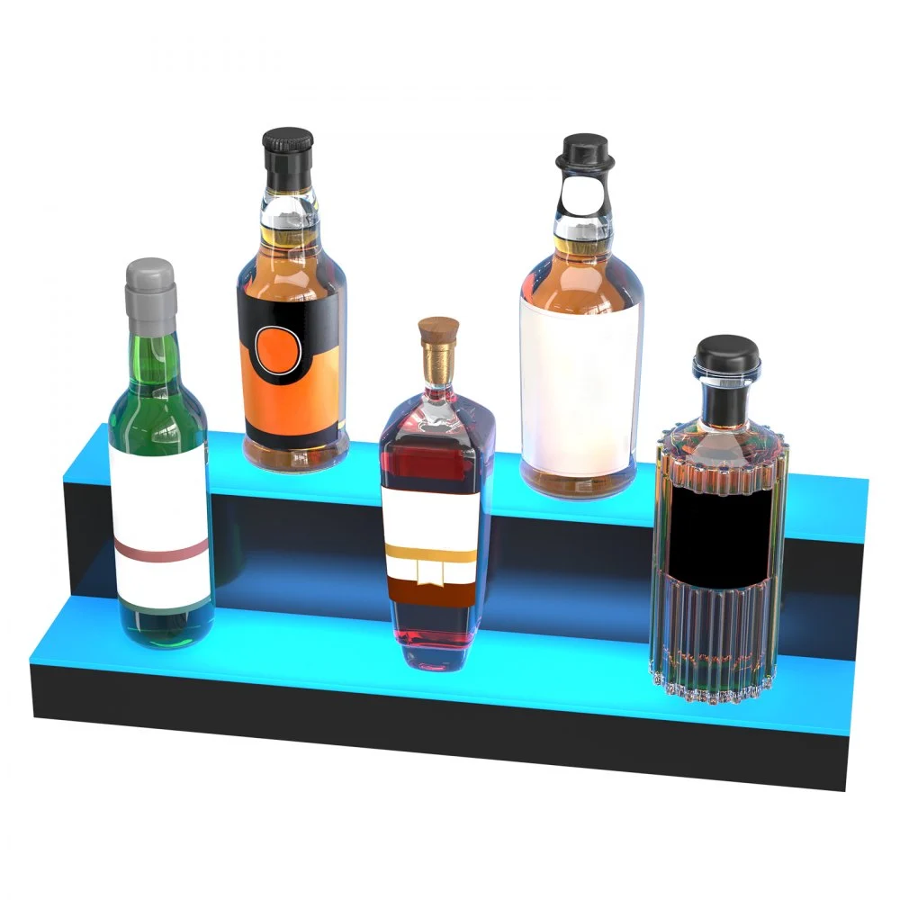 VEVOR Exhibidor de botellas de licor con luz LED, 2 niveles de 24 pulgadas, compatible con USB, estante de barra iluminado para el hogar con control remoto RF y control de aplicación, 7 colores estáticos, s